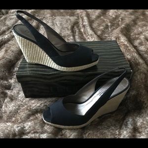 EEUC, Worn 1x, Black Peep Toe Espadrille Wedges 9